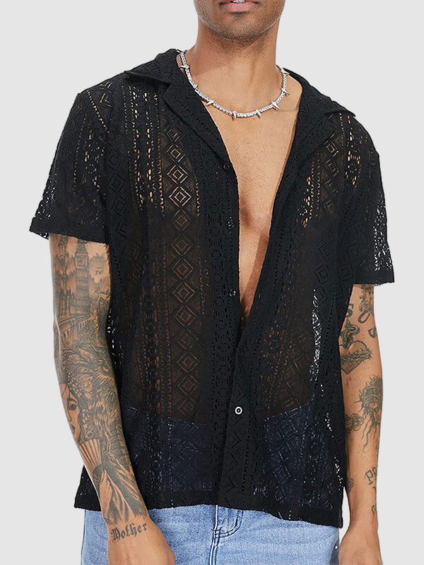 Men's Lace Hollow Loose Fit Cuban Collar Short Sleeve Shirt