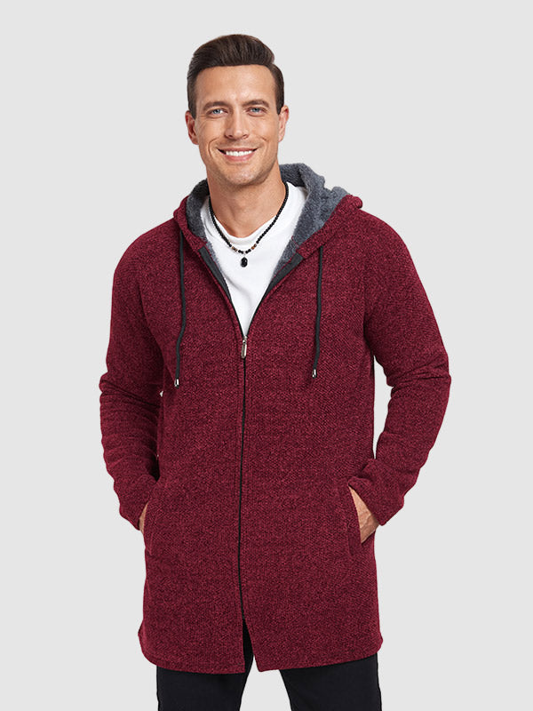 Men's Fleece-lined thickened knitted zipper Long  hooded jacket