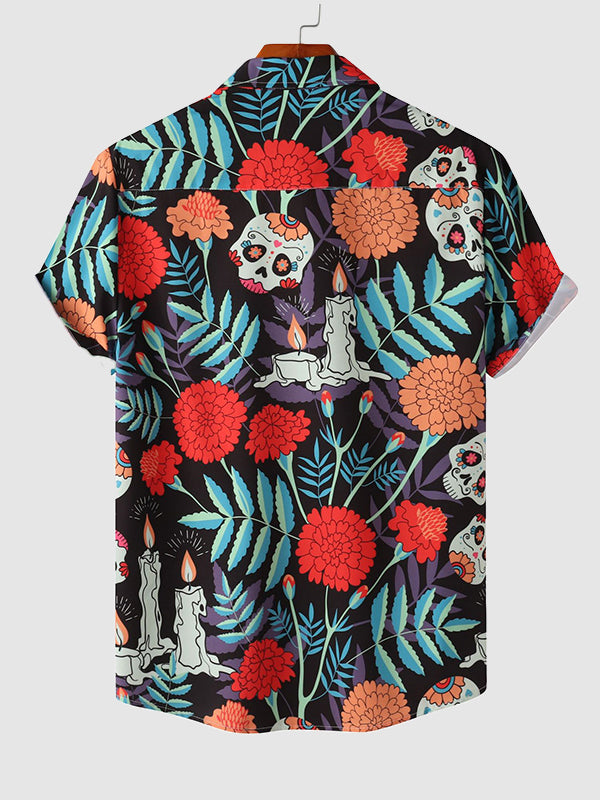 Men's Colorful Skull Flower Print Casual Short Sleeve Shirt