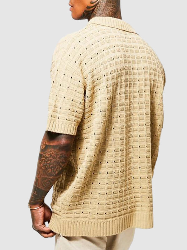 Men's solid color hollow V-neck knitted short sleeves