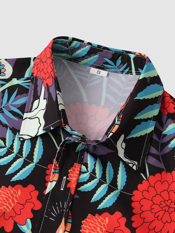 Men's Colorful Skull Flower Print Casual Short Sleeve Shirt