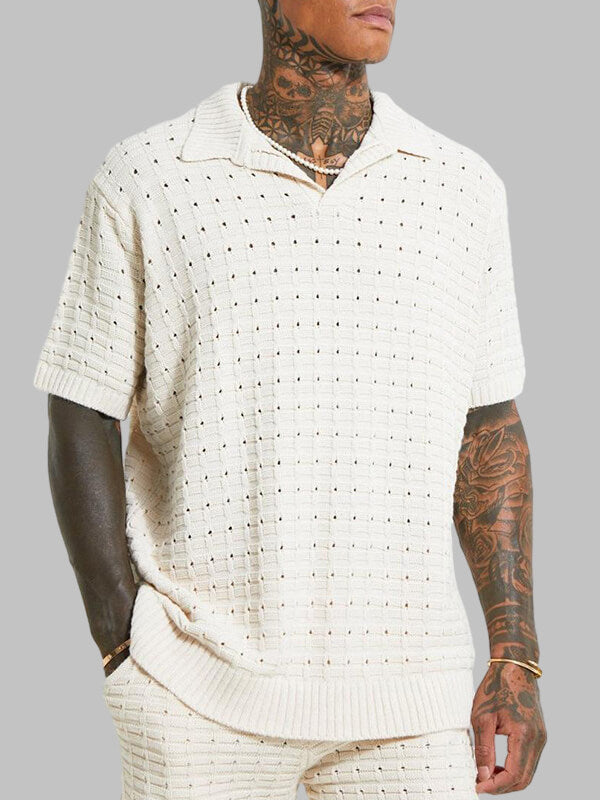 Men's solid color hollow V-neck knitted short sleeves