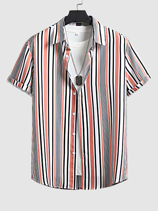 Men's color blocking striped printed casual shirt shorts set