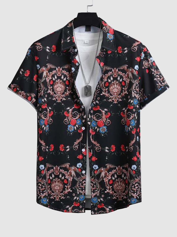 Men's Vintage Paisley Floral Print Short Sleeve Shirt Shorts Set