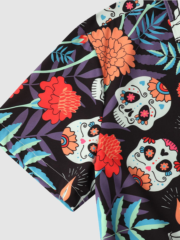 Men's Colorful Skull Flower Print Casual Short Sleeve Shirt