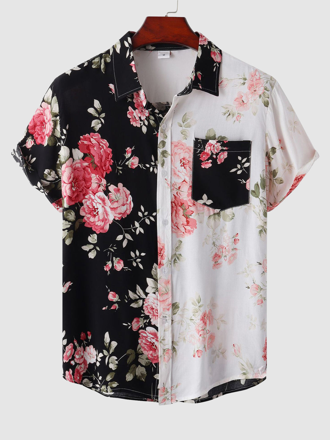 Men's Hawaiian floral patchwork short-sleeved shirt solid color T-shirt casual shorts set