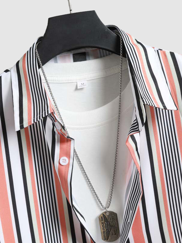 Men's color blocking striped printed casual shirt shorts set