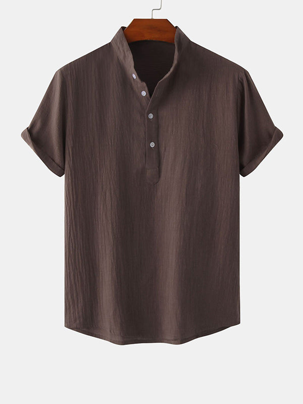 Men's Cotton Linen Textured Half Placket Short Sleeve Shirt brown