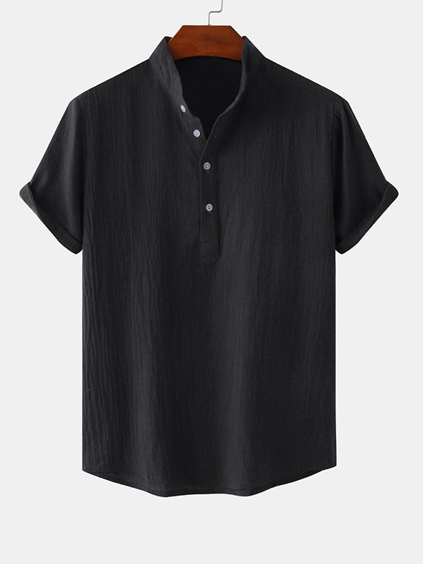 Men's Cotton Linen Textured Half Placket Short Sleeve Shirt black