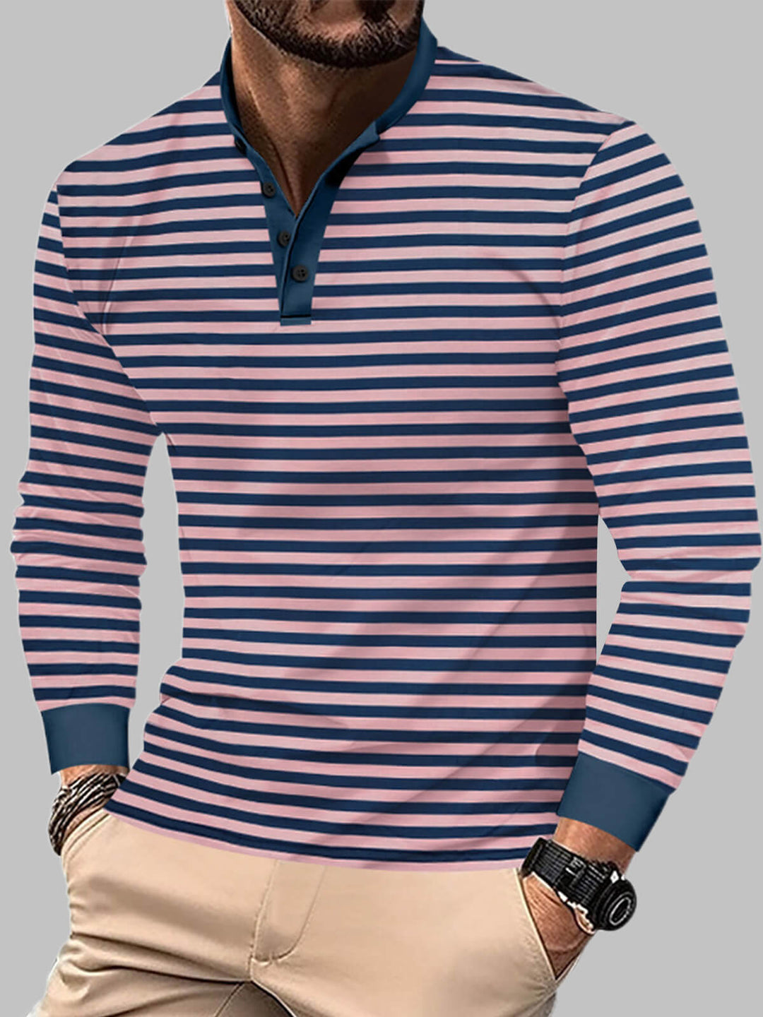 Men's colorful striped casual round neck loose henley long sleeve polo