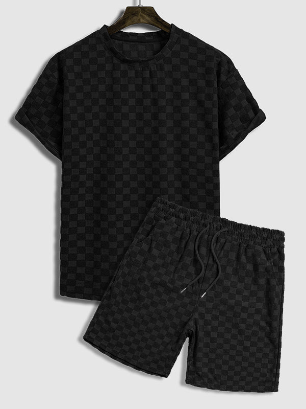 Men's terry cloth plaid crew neck T-shirt shorts set