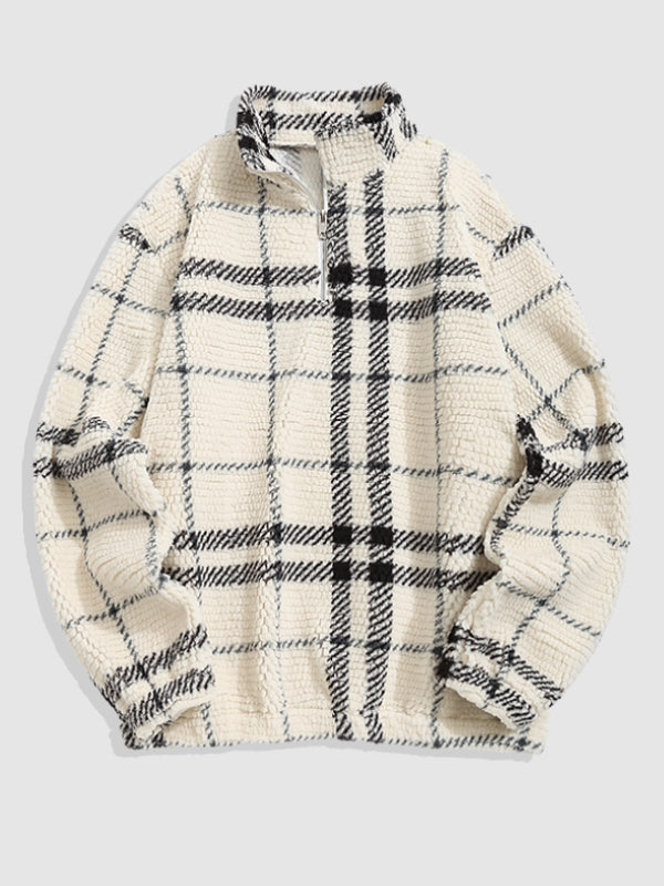 Men's Plaid Fleece Half-Zip Stand Collar Sweatshirt