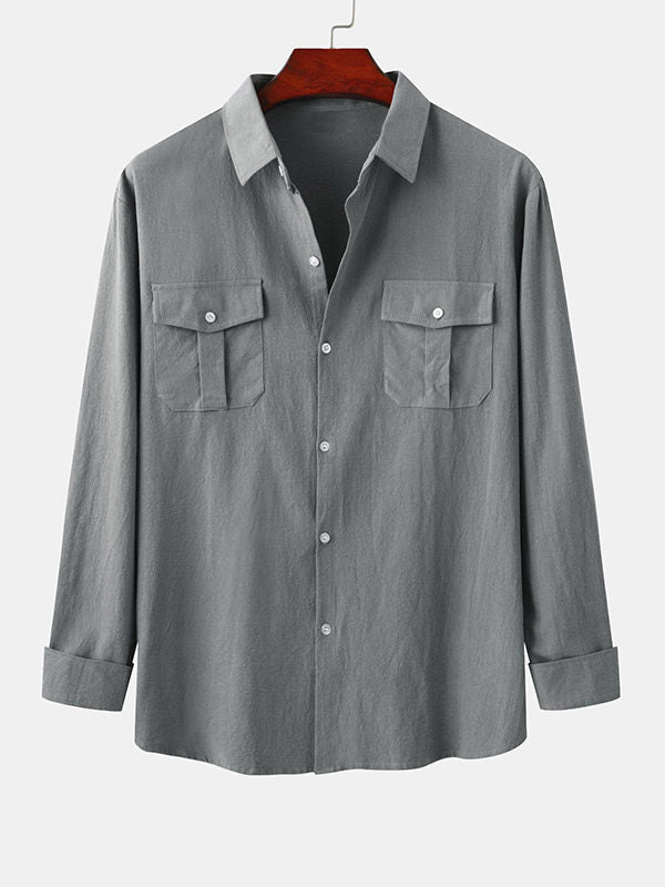 Men's Cotton Linen Double Pocket Long Sleeve Lapel Shirt