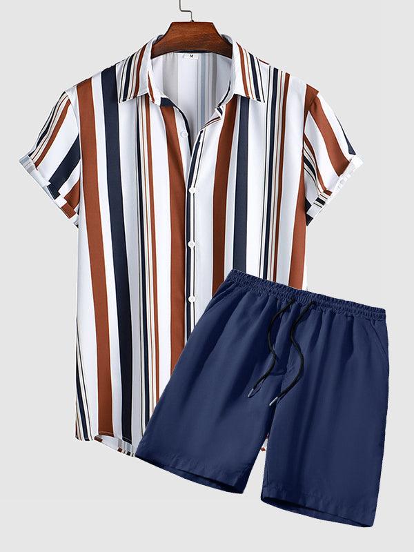 Men's striped printed casual shirt casual shorts set