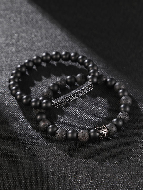 Small Crown Black Frosted Stone Long Bracelets 2Pcs/set