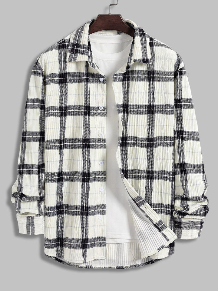 Men's Pleated Plush Plaid Long Sleeve Shirt