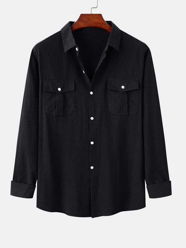 Men's Cotton Linen Double Pocket Long Sleeve Lapel Shirt