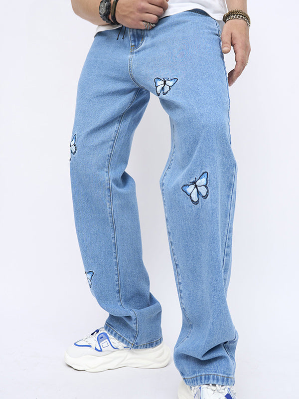 Butterfly embroidered straight-leg jeans