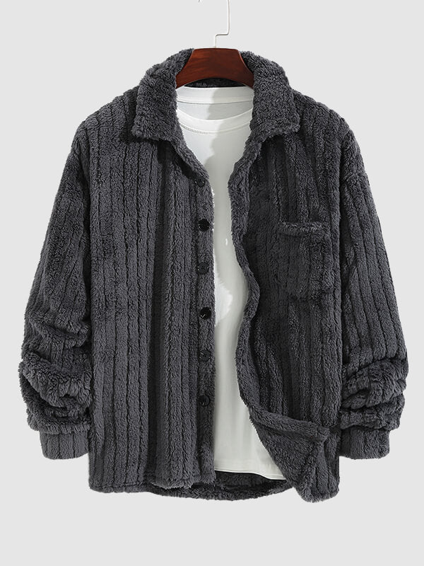 Men's Casual Warmth  Solid Color Button Front Fluffy Fleece Jacket