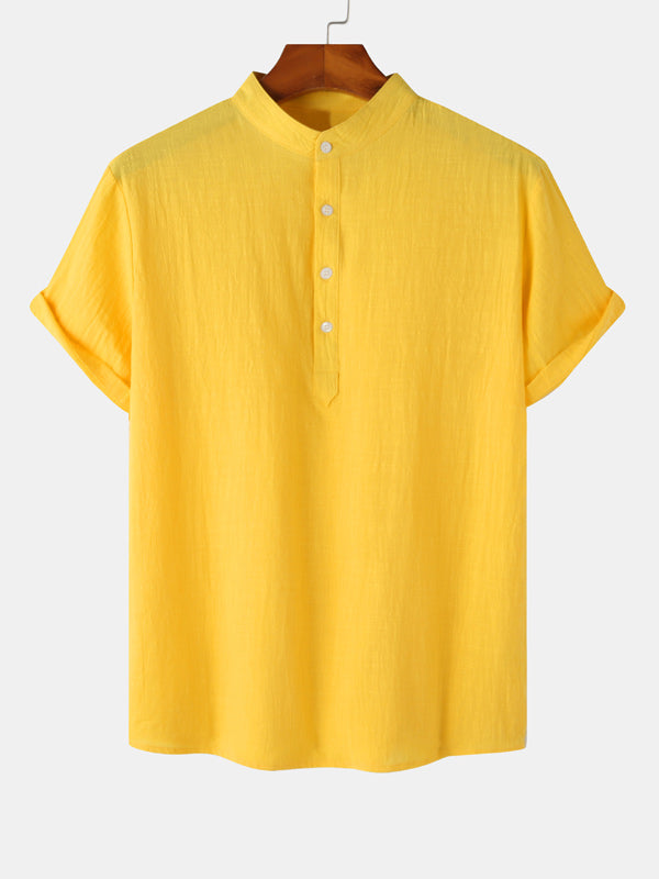 Men's Cotton Linen Textured Half Placket Short Sleeve Shirt yellow