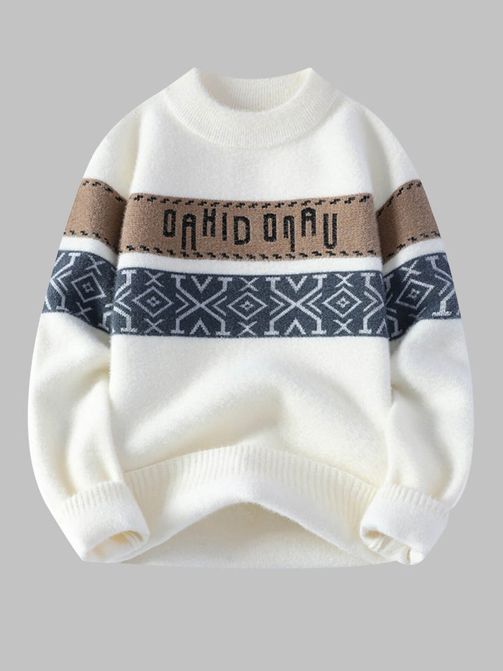 Men's Color-Block Letter Jacquard Loose Crew Neck Sweater