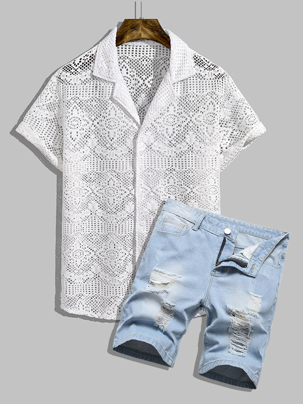 Men's Sexy Hollow Cuban Collar Shirt Denim Shorts Set