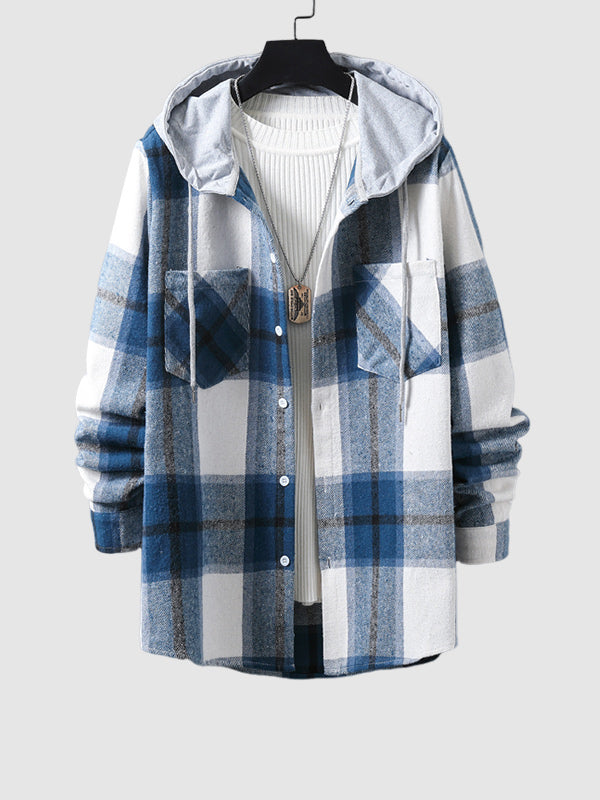 Men's Plaid Brushed Cardigan Drawstring Hooded Jacket