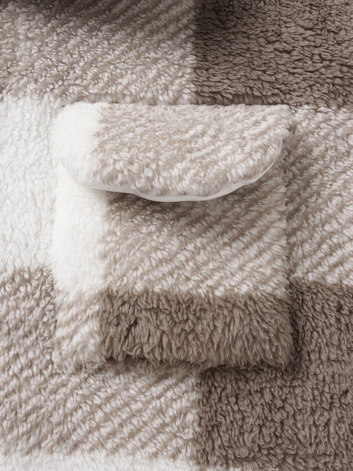 Men's Classic Plaid Fluffy Faux Fur Single Pocket Button Lapel Jacket