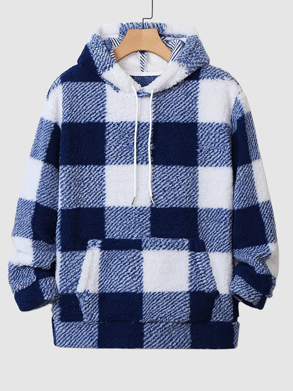 Men's Classic Plaid Fleece Hooded Pocket Sweatshirt