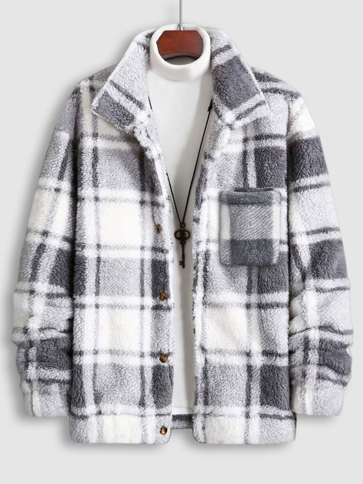 Mens classic plaid fluffy faux fur button jacket