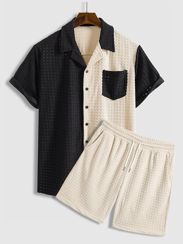 Men's Terry Cloth Plaid Color Block Cuban Collar Shirt Casual Shorts Set