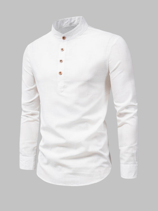 Men's Solid Color Cotton Linen Stand Collar Shirt