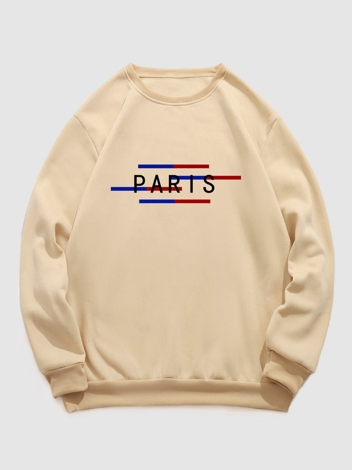 Men's "PARIS" Pattern Plush-Lined Pullover Crewneck Sweatshirt