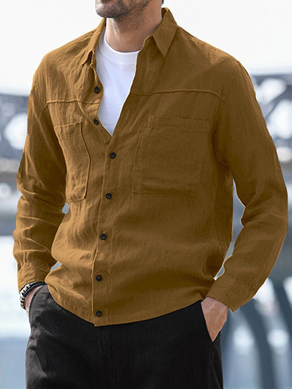 Men's Double Pocket Cotton-Linen Long Sleeve Shirt