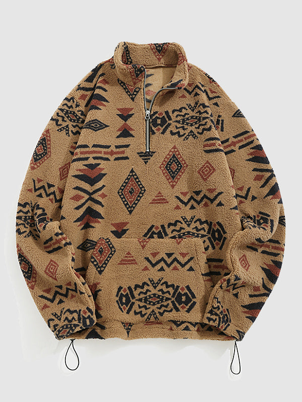 Men's Aztec Style Vintage Fleece Stand Collar Sweatshirt Jacket