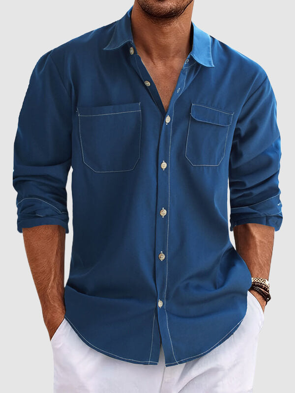 Men's solid color simple loose casual long-sleeved shirt