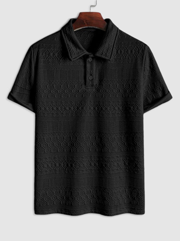 Geometric Vintage Jacquard Lapel Short-Sleeved Polo-Black