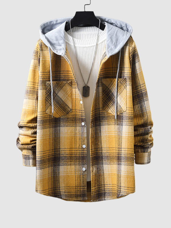 Men's Plaid Brushed Cardigan Drawstring Hooded Jacket