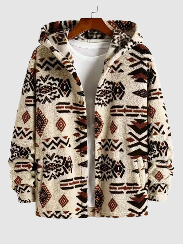 Men's Vintage Aztec Pattern Hooded Button Down Jacket