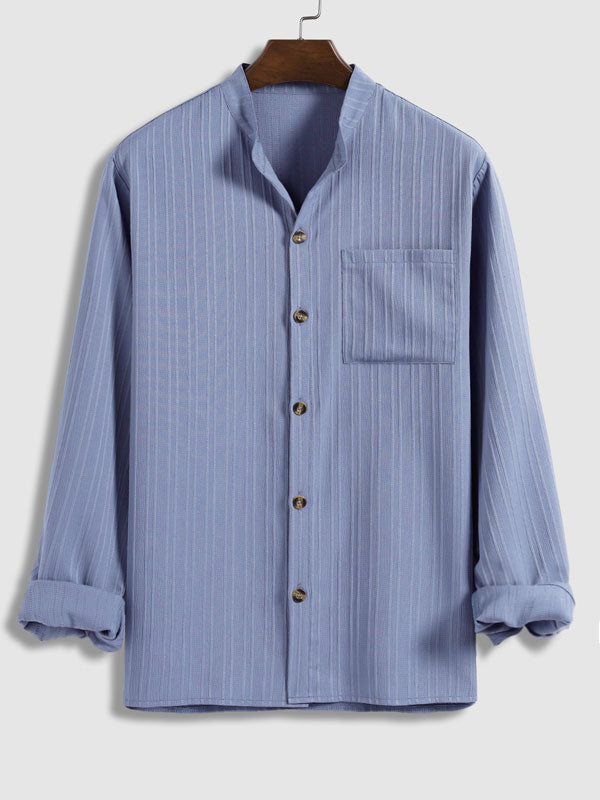 Men's solid color textured striped stand collar long sleeve shirt