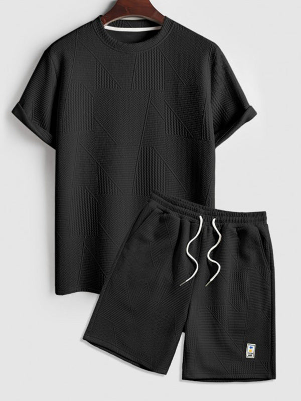 Geometric jacquard round neck T-shirt + shorts 2-piece set-Black