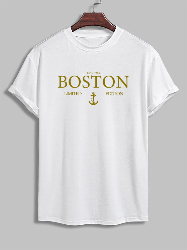 Men's "BOSTON" letter print casual crew neck T-shirt