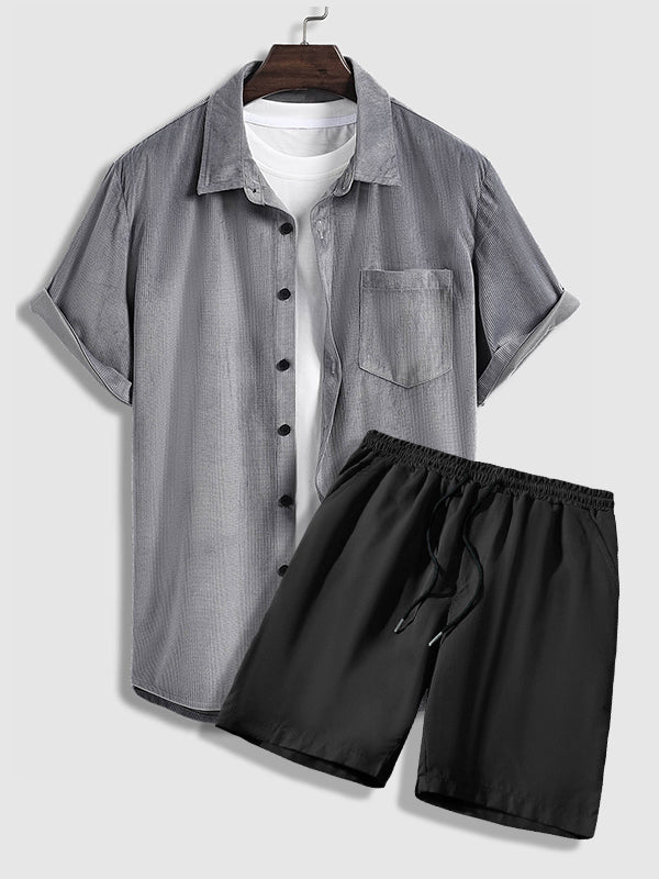 Men's Brushed Corduroy Button-Up Shirt Casual Shorts Set