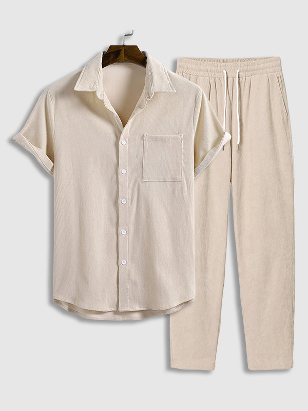 Men's solid color corduroy casual short-sleeved shirt  pants set