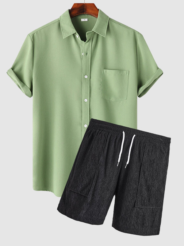 Men's Solid Color Waffle Textured Short Sleeve Shirt Corduroy Shorts Set