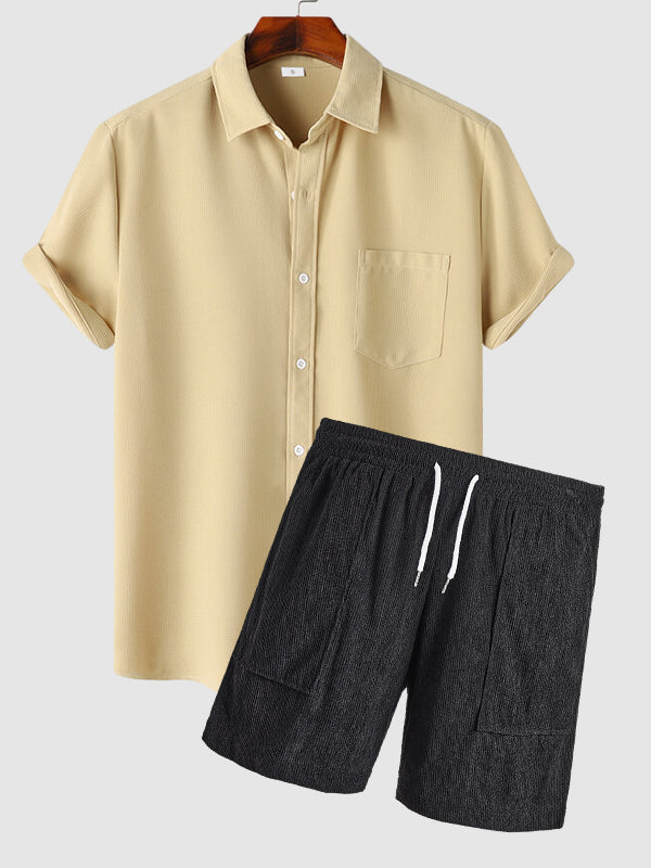 Men's Solid Color Waffle Textured Short Sleeve Shirt Corduroy Shorts Set