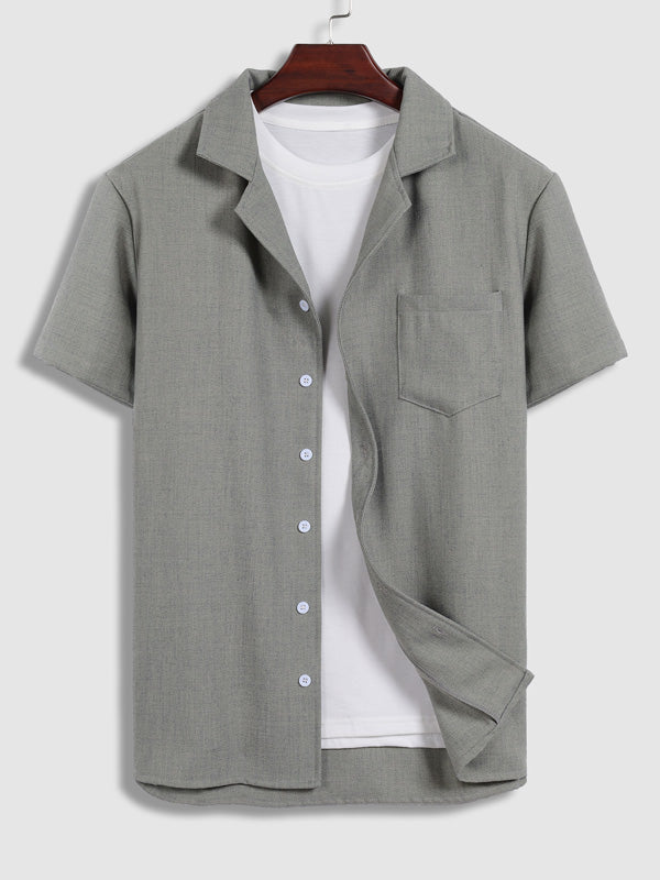 Men's solid color cotton and linen textured Cuban collar short-sleeved shirt