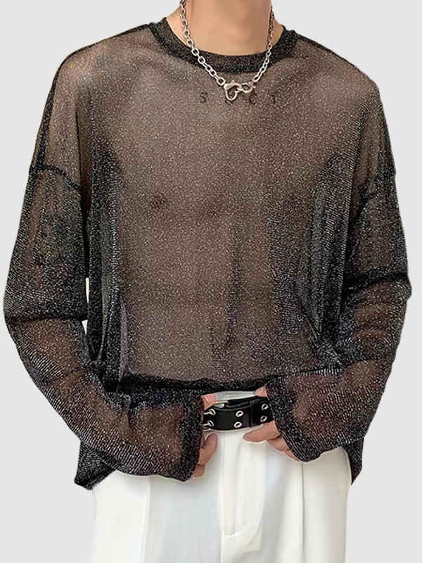 Men's mesh sheer shiny breathable mesh bottom long-sleeved T-shirt