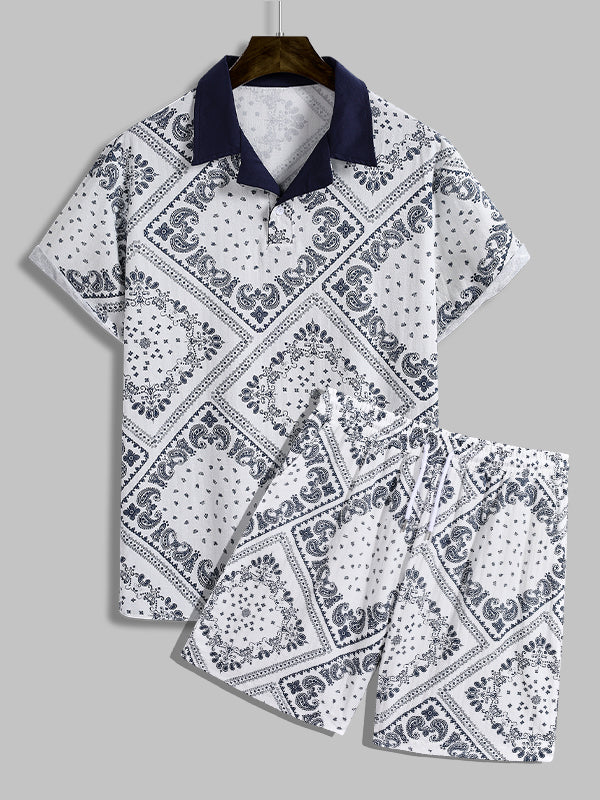 Men's Ethnic Paisley Print POLO Short Sleeve Shirt  Shorts Set