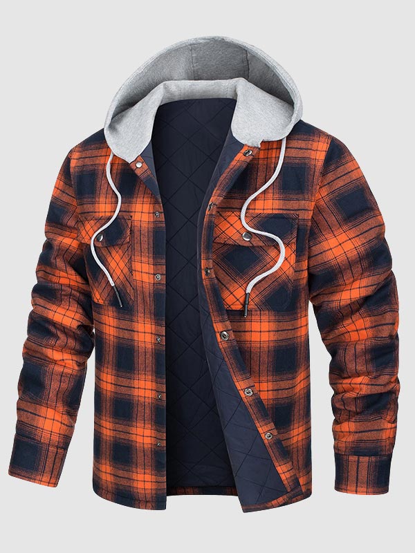 Men's hooded  plaid thickened warm button shirt jacket